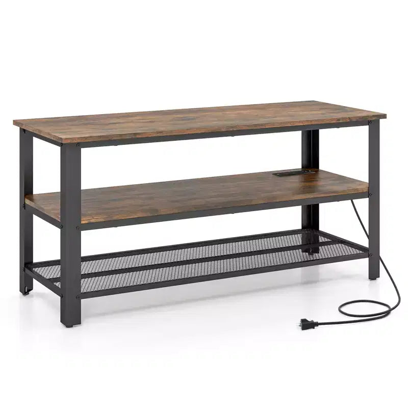 Mueble de TV para televisores de hasta 50 pulgadas, mesa consola de TV de 3 niveles con tomas de corriente, puertos USB y estantes de almacenamiento