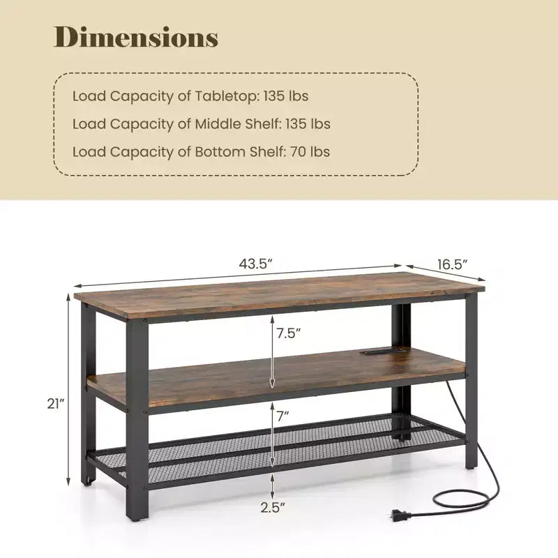 Mueble de TV para televisores de hasta 50 pulgadas, mesa consola de TV de 3 niveles con tomas de corriente, puertos USB y estantes de almacenamiento