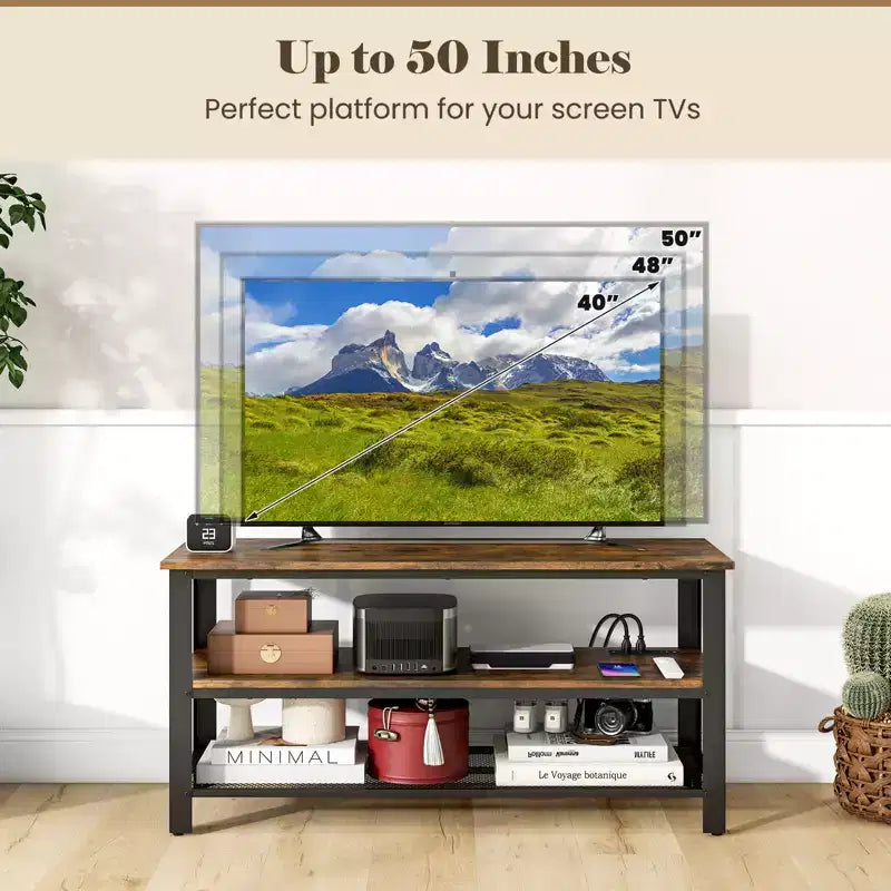 Mueble de TV para televisores de hasta 50 pulgadas, mesa consola de TV de 3 niveles con tomas de corriente, puertos USB y estantes de almacenamiento