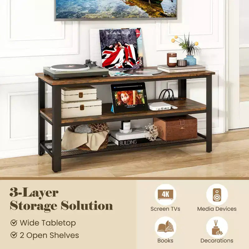 Mueble de TV para televisores de hasta 50 pulgadas, mesa consola de TV de 3 niveles con tomas de corriente, puertos USB y estantes de almacenamiento