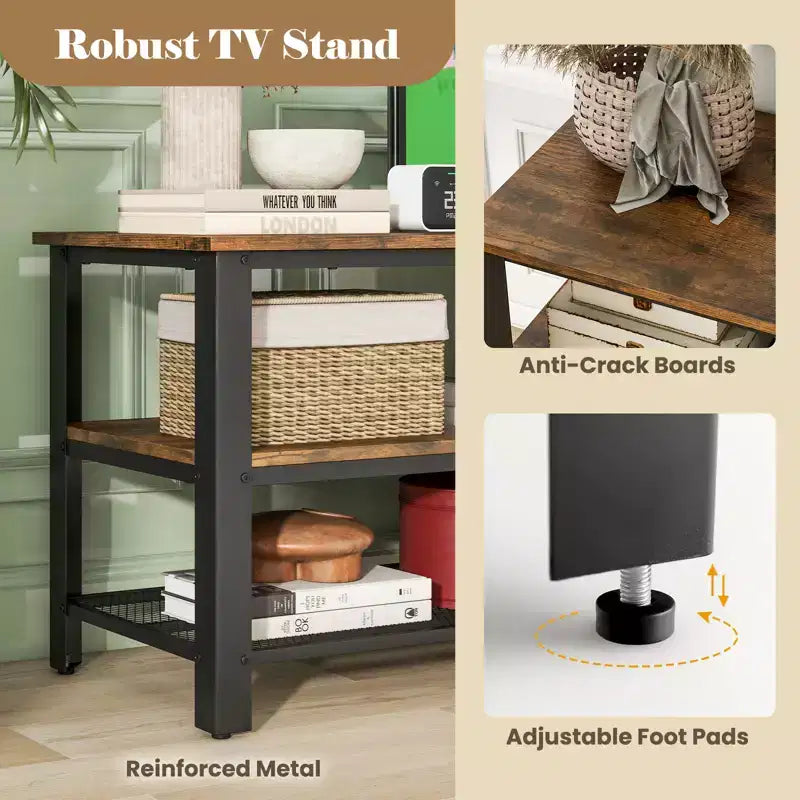 Mueble de TV para televisores de hasta 50 pulgadas, mesa consola de TV de 3 niveles con tomas de corriente, puertos USB y estantes de almacenamiento