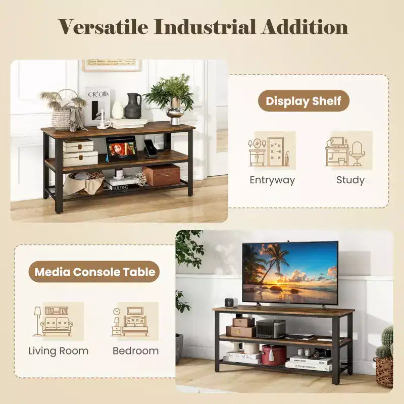 Mueble de TV para televisores de hasta 50 pulgadas, mesa consola de TV de 3 niveles con tomas de corriente, puertos USB y estantes de almacenamiento