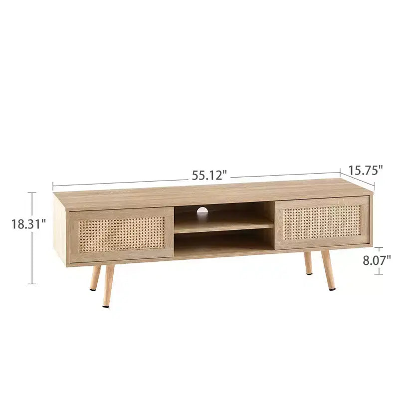 Mueble de TV de ratán de 55.12 pulgadas, soporte de TV con estantes de almacenamiento abiertos, puertas correderas dobles, patas de madera maciza, mesa de consola multimedia para sala de estar o dormitorio