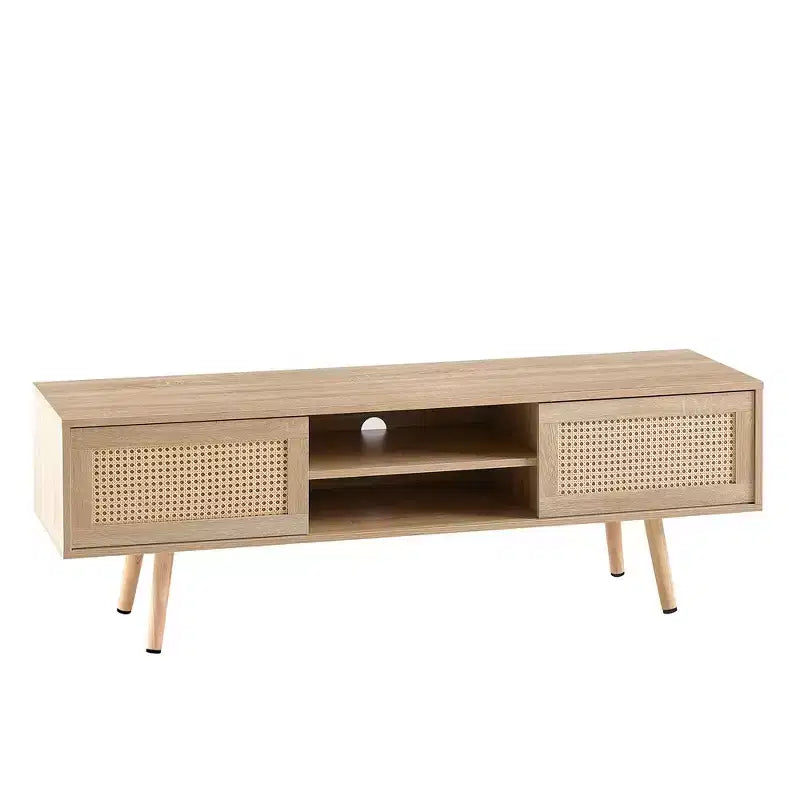 Mueble de TV de ratán de 55.12 pulgadas, soporte de TV con estantes de almacenamiento abiertos, puertas correderas dobles, patas de madera maciza, mesa de consola multimedia para sala de estar o dormitorio