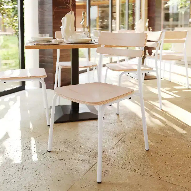 Sillas de comedor de madera maciza de calidad comercial con estructura de metal y acabado antiguo