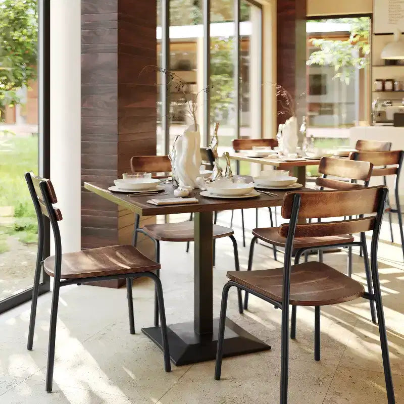 Sillas de comedor de madera maciza de calidad comercial con estructura de metal y acabado antiguo