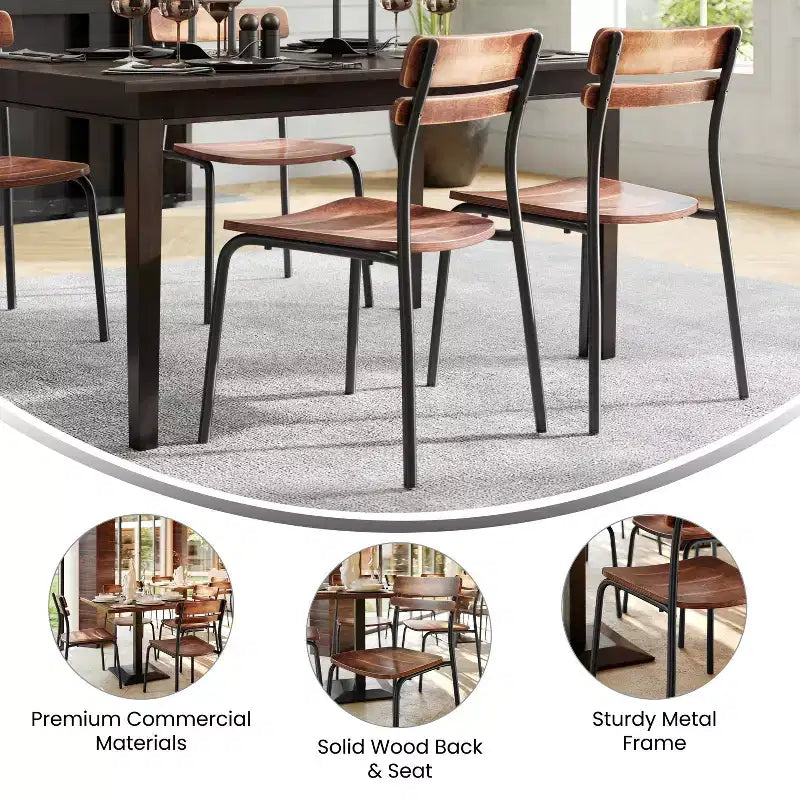 Sillas de comedor de madera maciza de calidad comercial con estructura de metal y acabado antiguo