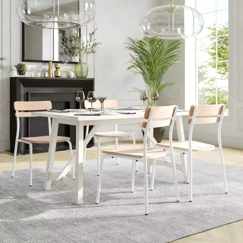 Sillas de comedor de madera maciza de calidad comercial con estructura de metal y acabado antiguo