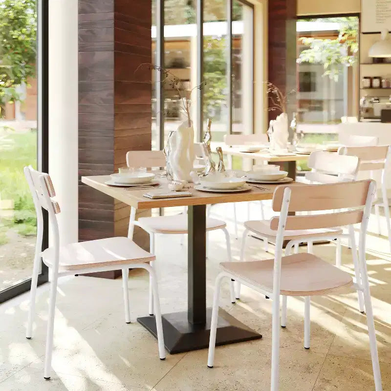 Sillas de comedor de madera maciza de calidad comercial con estructura de metal y acabado antiguo