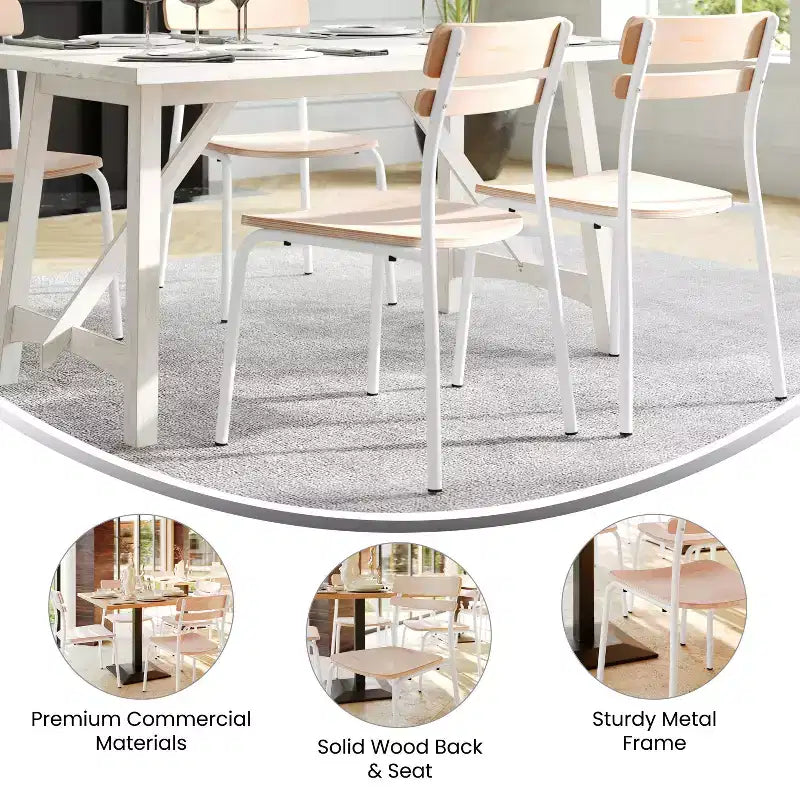 Sillas de comedor de madera maciza de calidad comercial con estructura de metal y acabado antiguo