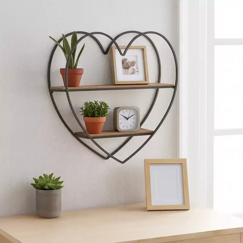 Estantería de pared decorativa de dos niveles con forma de corazón para decoración de habitaciones y el hogar - Decoración de pared de madera y metal para dormitorio, sala de estar y baño - 20, negro