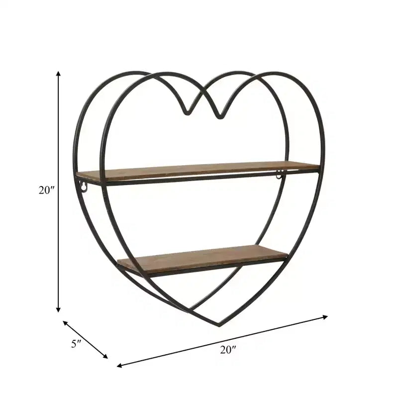 Estantería de pared decorativa de dos niveles con forma de corazón para decoración de habitaciones y el hogar - Decoración de pared de madera y metal para dormitorio, sala de estar y baño - 20, negro