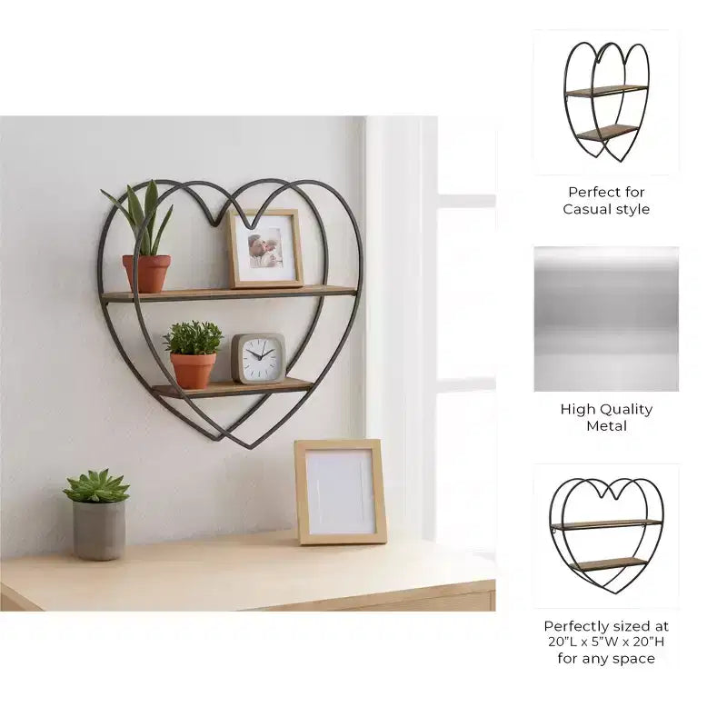 Estantería de pared decorativa de dos niveles con forma de corazón para decoración de habitaciones y el hogar - Decoración de pared de madera y metal para dormitorio, sala de estar y baño - 20, negro