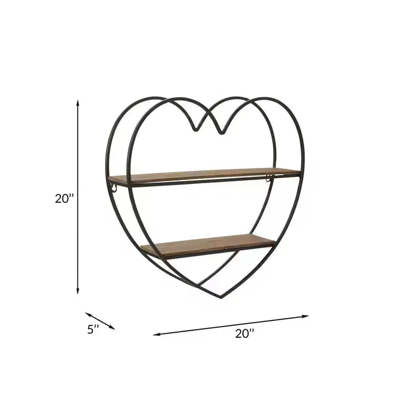Estantería de pared decorativa de dos niveles con forma de corazón para decoración de habitaciones y el hogar - Decoración de pared de madera y metal para dormitorio, sala de estar y baño - 20, negro