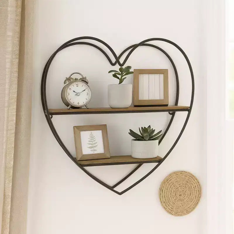 Estantería de pared decorativa de dos niveles con forma de corazón para decoración de habitaciones y el hogar - Decoración de pared de madera y metal para dormitorio, sala de estar y baño - 20, negro