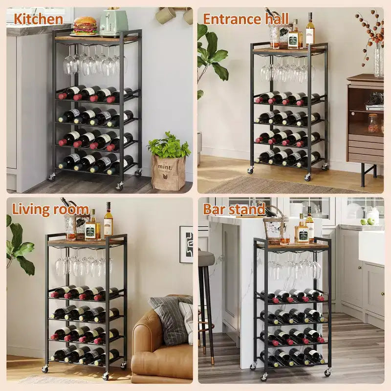 Botellero independiente con portavasos y tablero de mesa, capacidad para 16 botellas, estructura de metal rústico marrón