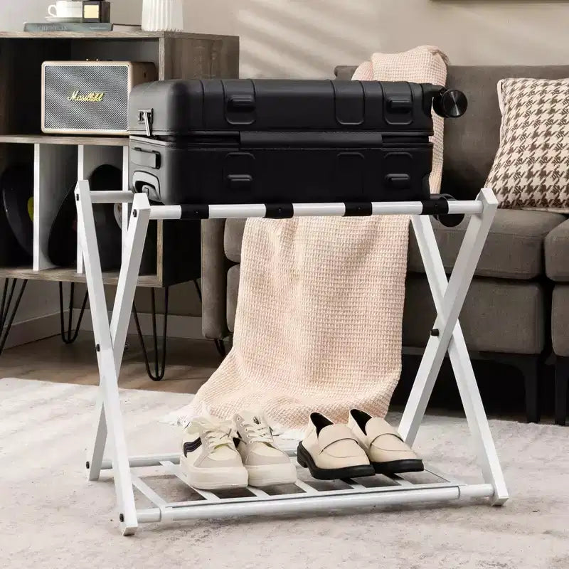 Maletero metálico plegable con estante para maletas y zapatos, para habitaciones de hotel