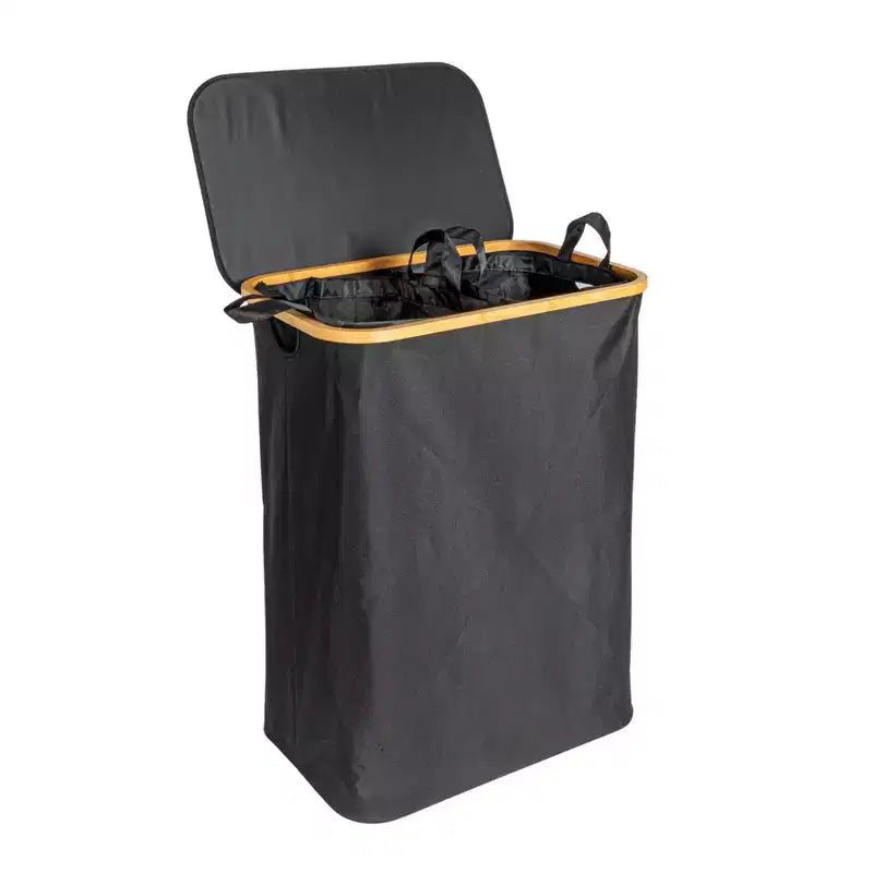 Cesto de ropa sucia elegante con dos bolsas de malla y tapa, negro