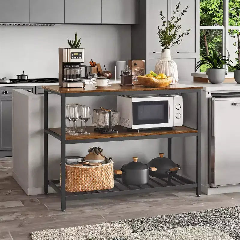 Isla de cocina con 3 estantes, mesa de isla, estante de cocina de 120 cm de ancho con encimera grande, estructura de acero estable, industrial, fácil de montar