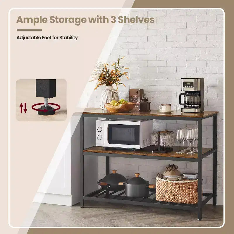 Isla de cocina con 3 estantes, mesa de isla, estante de cocina de 120 cm de ancho con encimera grande, estructura de acero estable, industrial, fácil de montar