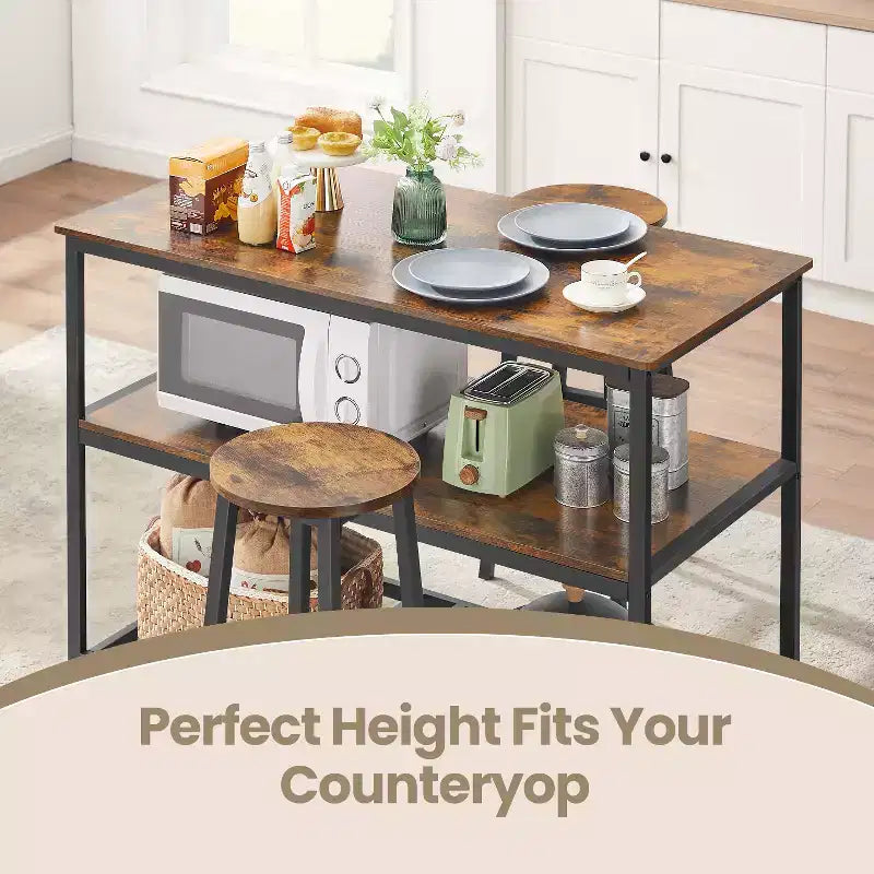 Isla de cocina con 3 estantes, mesa de isla, estante de cocina de 120 cm de ancho con encimera grande, estructura de acero estable, industrial, fácil de montar