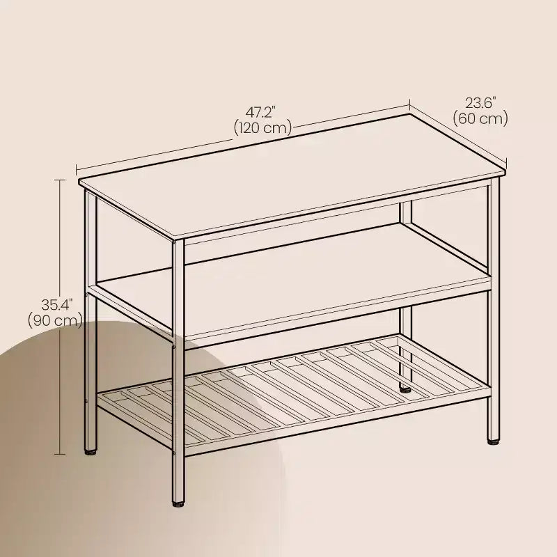 Isla de cocina con 3 estantes, mesa de isla, estante de cocina de 120 cm de ancho con encimera grande, estructura de acero estable, industrial, fácil de montar