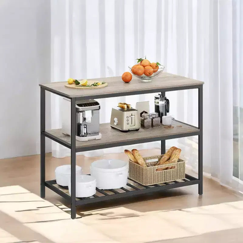 Isla de cocina con 3 estantes, mesa de isla, estante de cocina de 120 cm de ancho con encimera grande, estructura de acero estable, industrial, fácil de montar