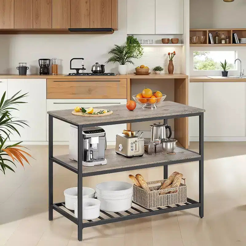 Isla de cocina con 3 estantes, mesa de isla, estante de cocina de 120 cm de ancho con encimera grande, estructura de acero estable, industrial, fácil de montar