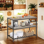 Isla de cocina con 3 estantes, mesa de isla, estante de cocina de 120 cm de ancho con encimera grande, estructura de acero estable, industrial, fácil de montar