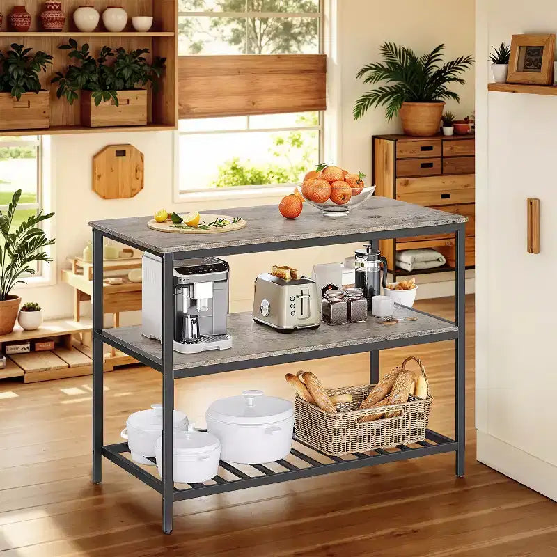 Isla de cocina con 3 estantes, mesa de isla, estante de cocina de 120 cm de ancho con encimera grande, estructura de acero estable, industrial, fácil de montar