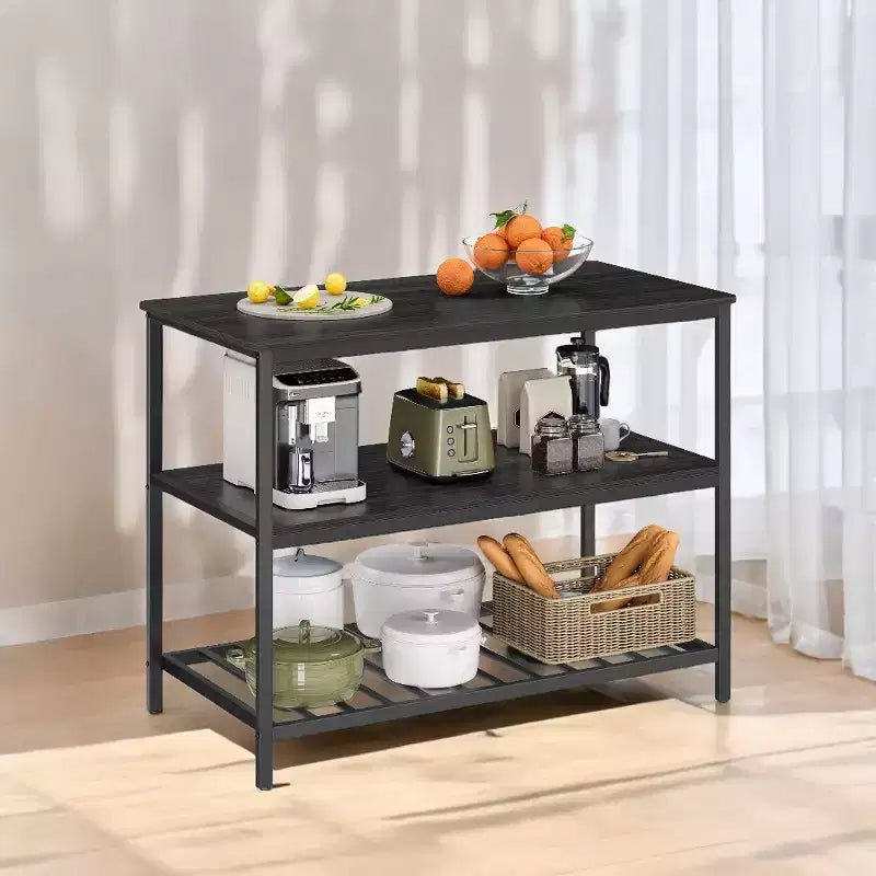 Isla de cocina con 3 estantes, mesa de isla, estante de cocina de 120 cm de ancho con encimera grande, estructura de acero estable, industrial, fácil de montar