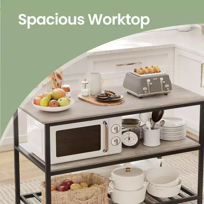 Isla de cocina con 3 estantes, mesa de isla, estante de cocina de 120 cm de ancho con encimera grande, estructura de acero estable, industrial, fácil de montar