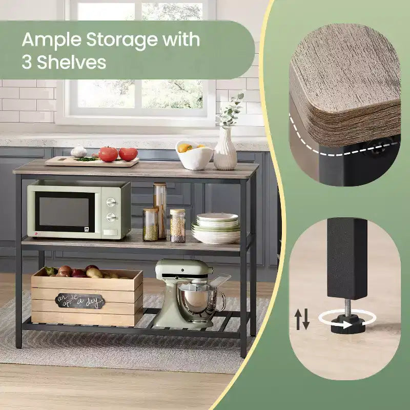 Isla de cocina con 3 estantes, mesa de isla, estante de cocina de 120 cm de ancho con encimera grande, estructura de acero estable, industrial, fácil de montar