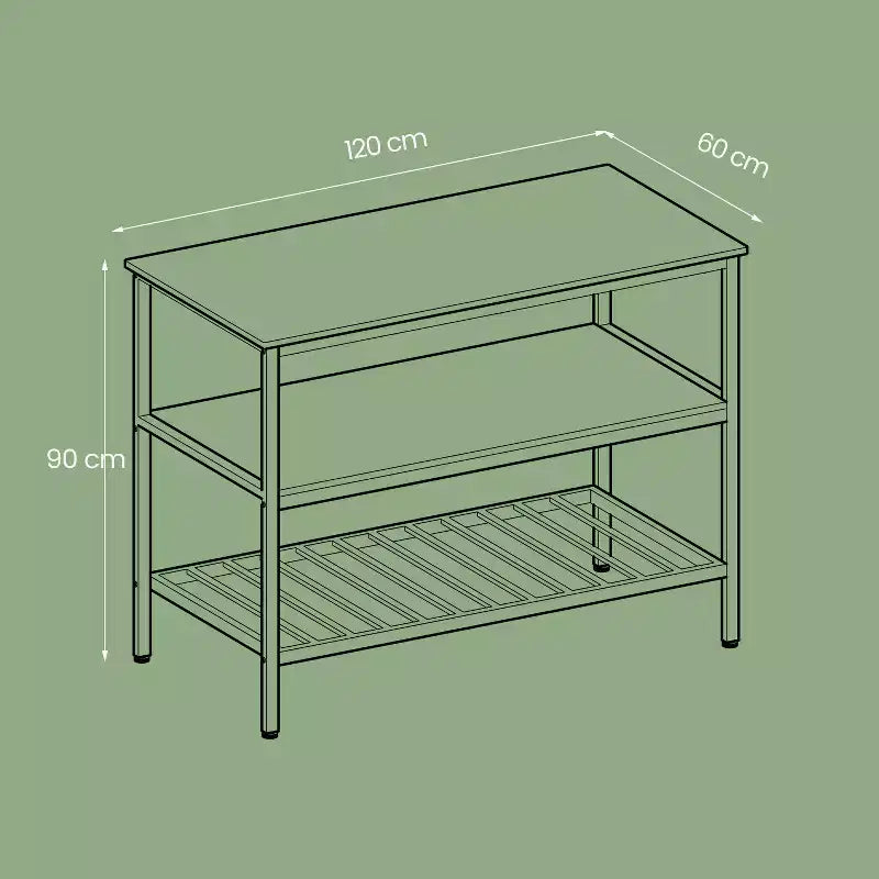 Isla de cocina con 3 estantes, mesa de isla, estante de cocina de 120 cm de ancho con encimera grande, estructura de acero estable, industrial, fácil de montar