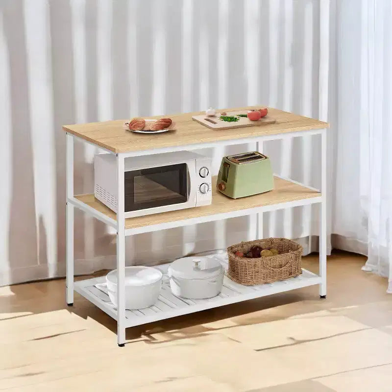 Isla de cocina con 3 estantes, mesa de isla, estante de cocina de 120 cm de ancho con encimera grande, estructura de acero estable, industrial, fácil de montar