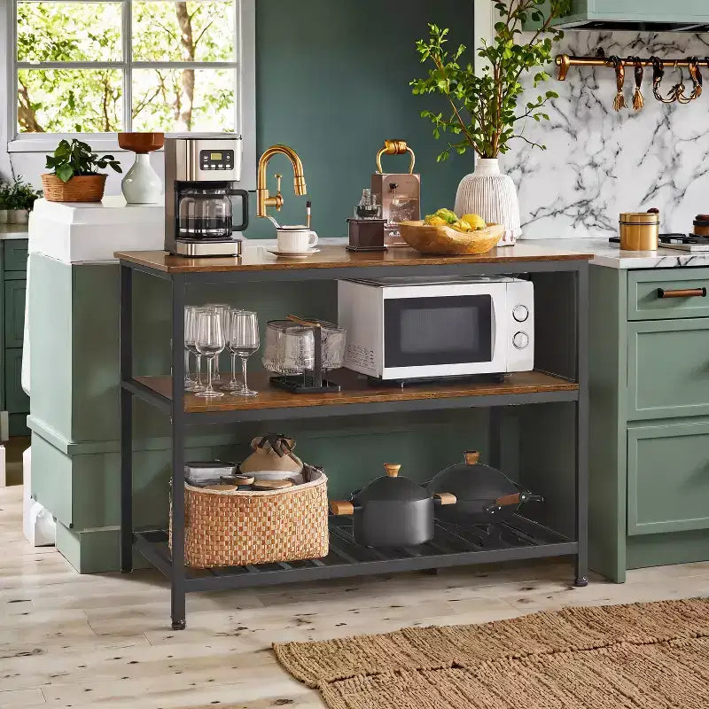 Isla de cocina con 3 estantes, mesa de isla, estante de cocina de 120 cm de ancho con encimera grande, estructura de acero estable, industrial, fácil de montar