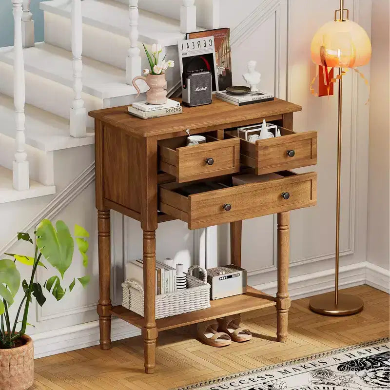 Mesa Consola Estrecha con Tres Cajones de Almacenamiento y Estante Inferior