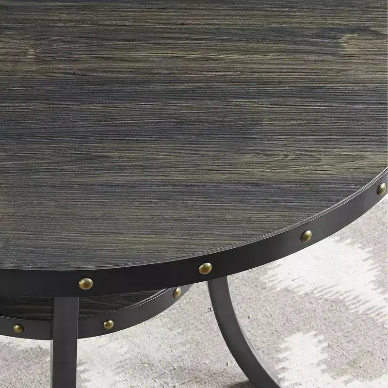 Mesa de bar de 3 piezas redonda de 36 pulgadas con acabado espresso y 2 sillas de pub tapizadas en tela color canela con tachuelas